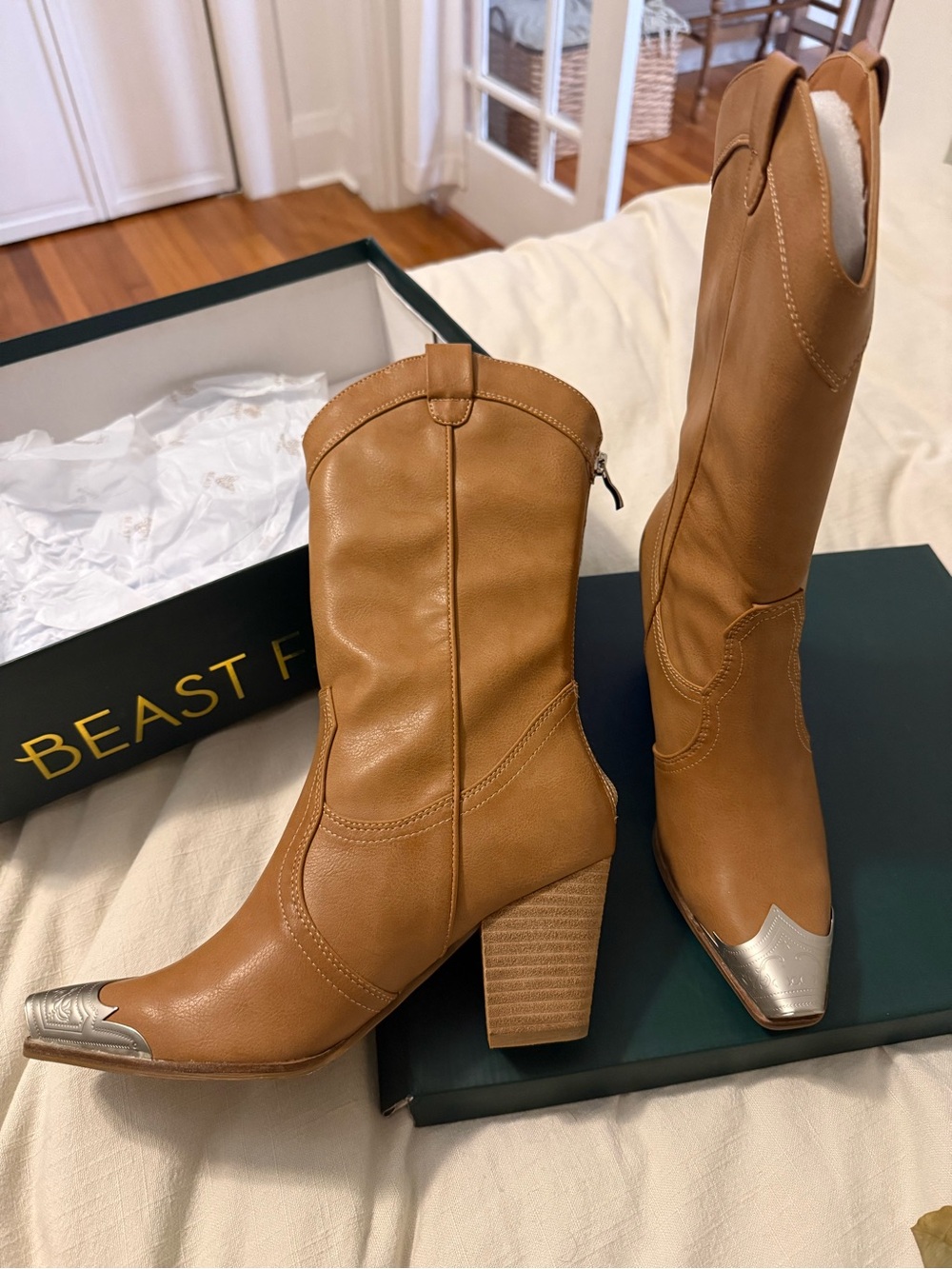 BEAST FASHION Tan Leather Western Block Heel Boots with Silver Toe
